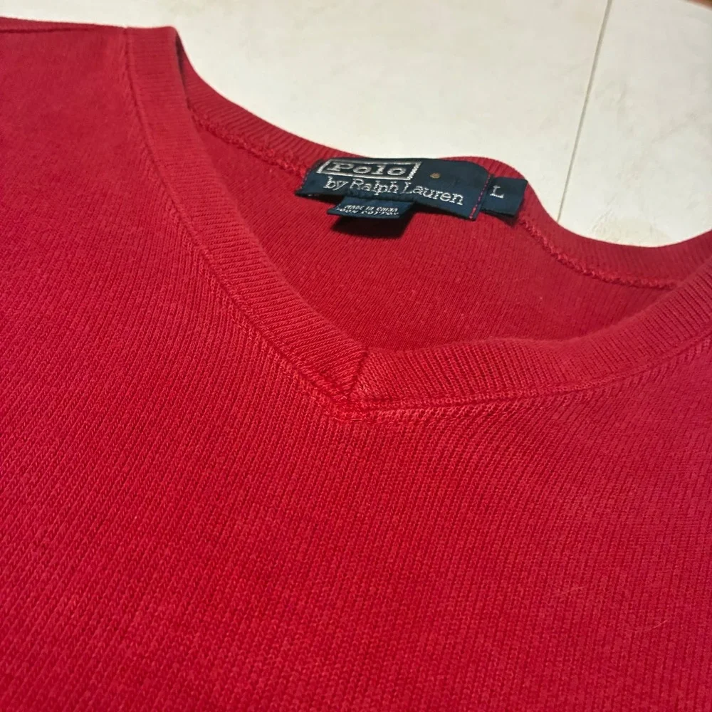 Polo Ralph Lauren Mens Red V-Neck Cotton Knit Sweater Navy Pony Logo Large
